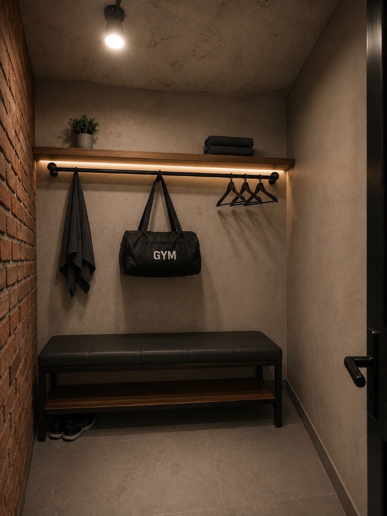 Changing room with bench, lockers and hanging space