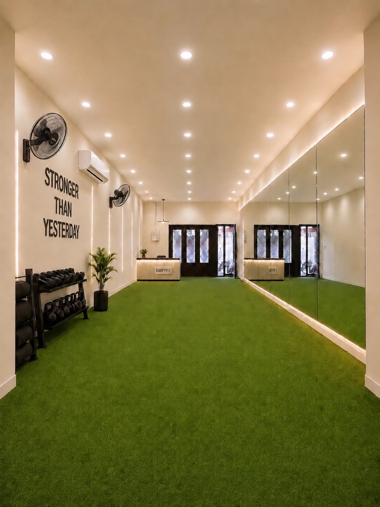 Open SwiftFit studio floor with mirrors and reception desk