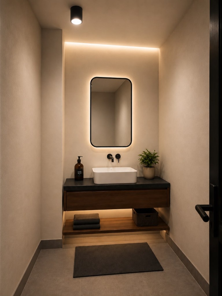 Washroom with vanity, mirror and folded towels